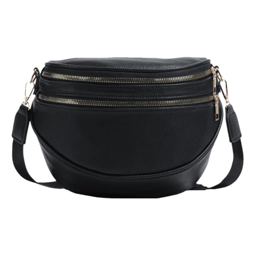 Spacious Bum Bags with Wide Strap PU Leather Shoulder Bag for Women (Black)