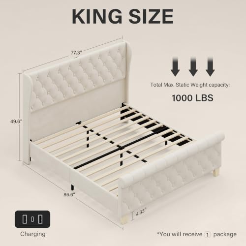 Uteeran King Size Bed Frame with Headboard, Velvet Upholstered Bed Frame with LED Lights & Charging Station, Platform Bed with Wooden Slats Support, Luxury Button Tufted Design, Noise Free, Beige — view 2