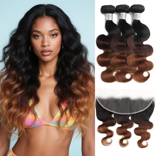 ANMETAN Ombre 3 Bundles With 13x4 Frontal Body Wave Human