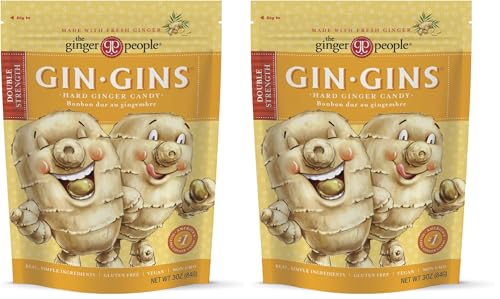 GIN GINS Double Strength Ginger Hard Candy by The Ginger People – Anti-Nausea and Digestion Aid, Individually Wrapped Healthy Candy - Double Strength Ginger Flavor, 3 oz Bags - (Pack of 2)