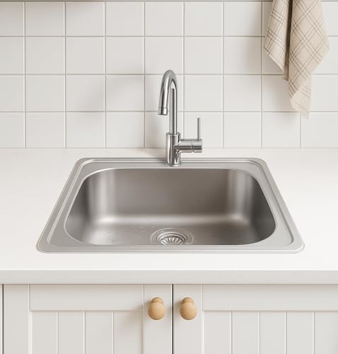 Melanstar Fregadero de cocina de acero inoxidable, 38 x 38 cm, 1 lavabo con agujero para grifo y juego de sifón