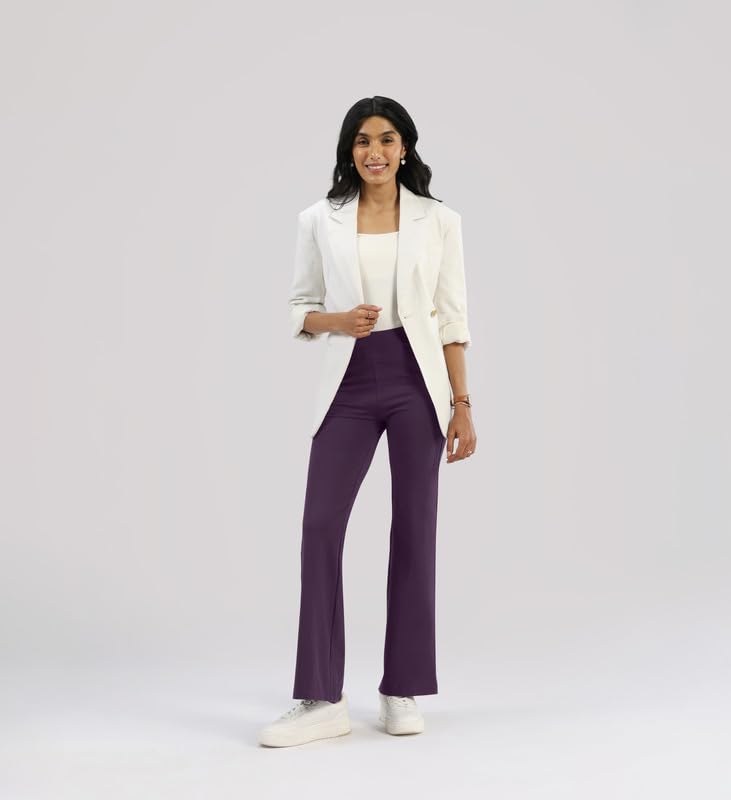 Image of Blissclub AM:PM Cotton Flare Pants for Women Above 5'5 ft Tall | Wide Waistband, 4 Pockets | Bell Bottom Pants and high Waist Trousers for Office wear