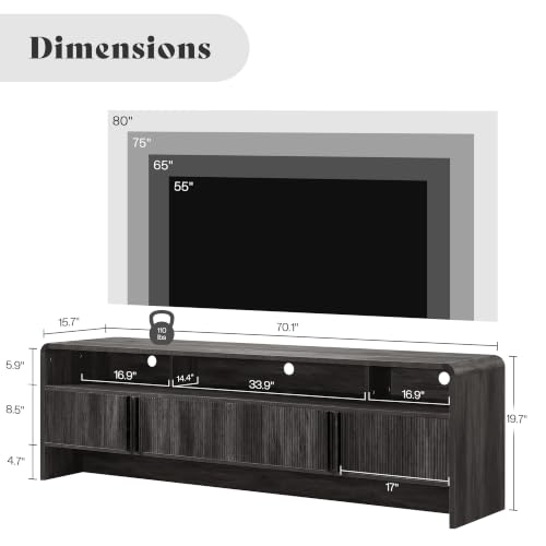Image of AMERLIFE 70 inch Modern TV Stand for TVs up to 80 inch, Fluted Wood Entertainment Center with Storage Cabinets, Media Console Table for Living Room, Black