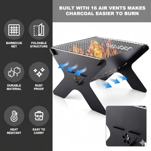 Image of Barbeque Grills - Foldable Charcoal Barbeque, Camping Fire Pit, Portable Fire Pit for Camping, 2 in 1 Wood Burning Fire pit Grill with Detachable Cooking Grate for Outdoor BBQ, with Carry Bag