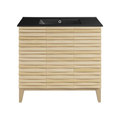 Image of Swiss Madison Cascade 36 in. Natural Oak Bathroom Vanity with Black Ceramic Sink Top