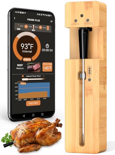 Real-Time Alerts Wireless Meat Thermometer - Smart Bluetooth Probe for BBQ, Grill, Oven, Smoker - Long Range Bluetooth, Accuracy Temp, Dishwasher Clean, Waterproof - Perfect for BBQ Lovers & Chefs