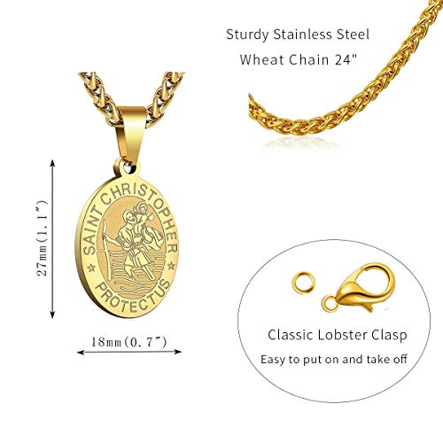 P. BLAKE Oval Saint Christopher/Michael/Joseph/Jude/Virgin Mary/Joseph/Francis/Patrick/Anthony/Benedict/Thomas Necklace for Men Women, Stainless Steel Catholic Patron Pendant with Chain 24 Inches