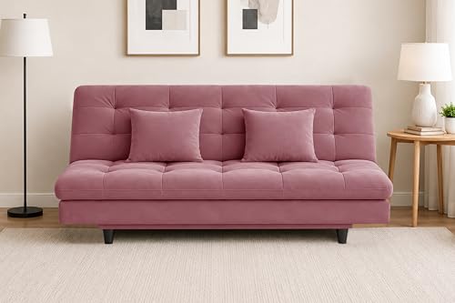 Image of Velvet Convertible Three-Seater Futon Sofa Bed with Tufted Sleeper Couch with Adjustable Backrest- Living Room Furniture-Rose-Pink-Color