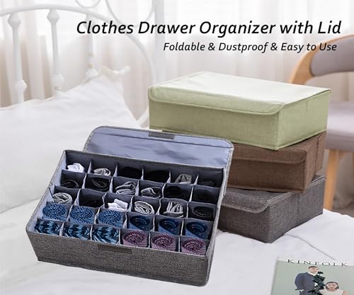 AARAINBOW Aufbewahrungsbox für Unterwäsche Socken, Krawatten Schublade Organizer mit Deckel, 30 Zellen, Faltbar, Stoff Schals Dessous Gürtel Aufbewahrung im Kleiderschrank (Grau)