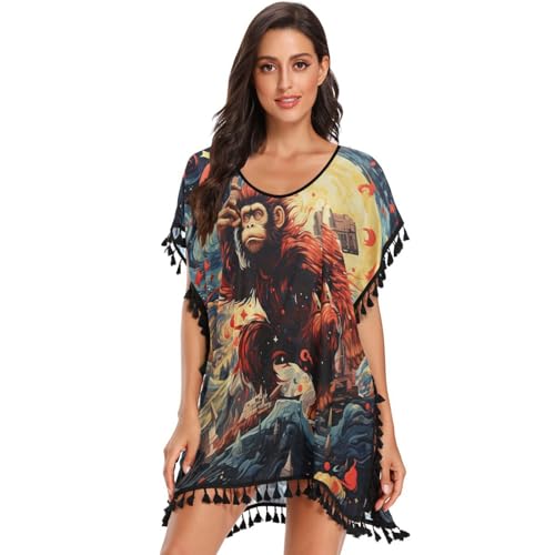 KAAVIYO Artwork Moon Monkey Women's Beach Cover Up Chiffon Tassel Swimwear Swimsuit Coverups for Girl