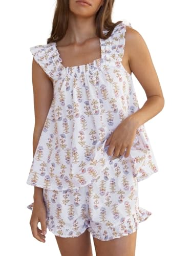Image of ROAONOCOMO Women Floral Pajama Set Ruffle Babydoll Cami Top Coquette Pj Set Gingham 2 Piece Shorts Outfit Bridal Loungewear