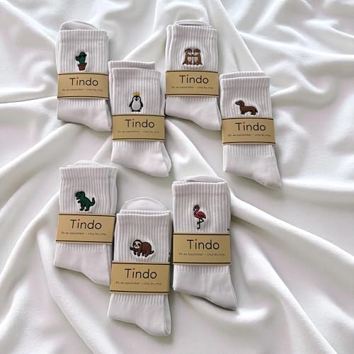 Tindo Dackel Socken Damen Herren – Weiße Crew Socken mit Dackel Stickerei – Lustige Hundemotiv Socken – Retro Streetwear Unisex – Bequeme Baumwollsocken & Geschenkidee für Tierliebhaber