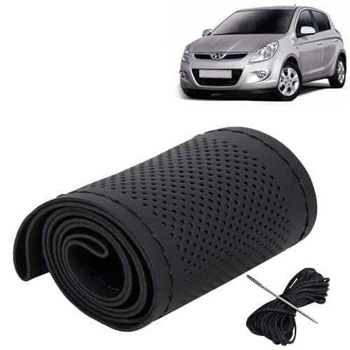 Image of KINGSWAY PU Leatherite Car Steering Cover Sewable Compatible with Hyundai I20 (Year 2008-2011), Black Color with Black Thread, Pack of 1 with Sewing Needle and Thread