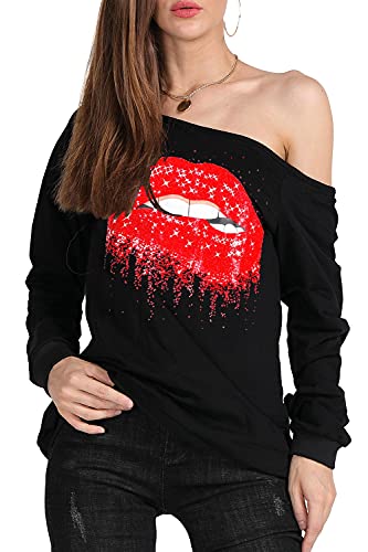 Image of MAGICMK Woman's Sweatershirt Lips Print Causal Blouse Off The Shoulder Long Sleeve Loose Slouchy Pullover Plus Size Tops
