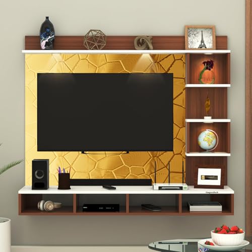 Image of TV Cabinet for Bedroom 32 inch to 65 Inches Engineered Wood TV Entertainment Unit Back Side 3mm UPVC Self Adhsive Waterproof Sheet and Lights (Gold, 32-43 Inches, Without Fitting)