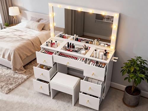 Combination Dressing Table with Big Lighte Mirror and Power Outlet and 7 Drawers 3 Color Lighting Modes Adjustable Brightness and Soft Cushioned Stool (White-1)