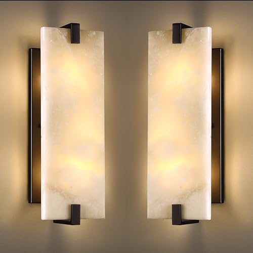 Image of 15.7 inch Natural Square Alabaster Marble Modern Concise 2 Pack 2 Light Wall Sconce Fixture,Black Finish for Bathroom Bedroom Hallway Bedside Staircase Vanity Mirror