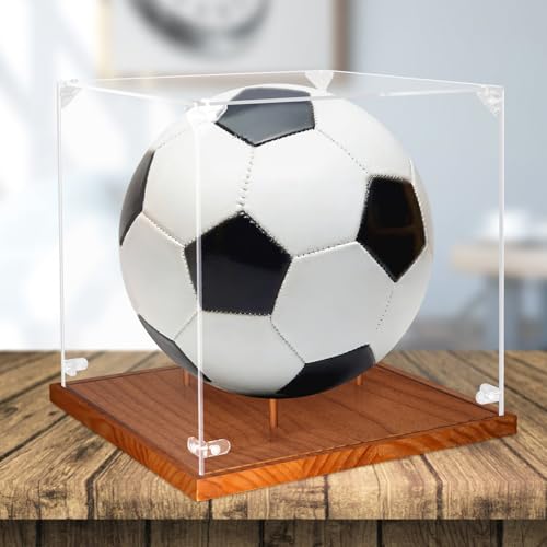 Image of Clear Acrylic Soccer Ball Display Case with Wood Base & Tee, Memorabilia Stand Cube Holder, Dust Protection Transparent Storage Box for Single Ball Souvenir Soccer Ball Collections