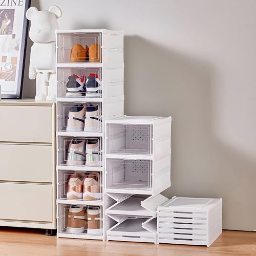 GUDEMAY Drop Front Shoe Storage Box, No Assembly Stackable Shoe Organizer Storage Bin with Clear Door, Free Standing Shoe Shelf Cabinet with Lid, Plastic Shoe Rack for Closet Entryway, 6-Tier
