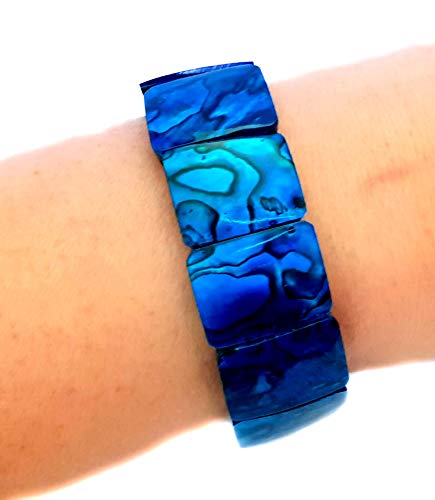 Natural Abalone Shell Stretchable Cuff Bracelet Set in Blue Resin Handmade Women Paua Jewelry DA492-B2