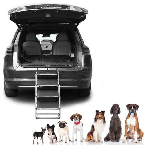 QWORK® 4-Stufen Klappbar Hundetreppe Auto, Anti-Rutsch Einstiegshilfe Auto für Kleine & Große Hunde - Höhenverstellbar 64cm, bis 80kg Belastbar