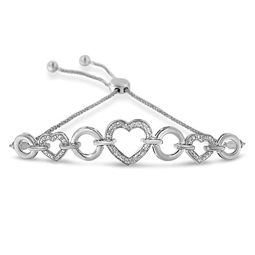 Haus of Brilliance .925 Sterling Silver 1/10 Cttw Round-Cut Diamond Heart-Link Adjustable Bolo Bracelet (H-I Color, I2-I3 Clarity) - 6"-9" Adjustable
