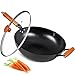 Wok de inducción, 32,5 cm, con mango de madera extraíble, olla de hierro de acero al carbono con tapa de cristal, sin revestimiento, color negro