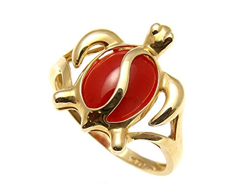 Genuine natural red coral ring Hawaiian honu turtle solid 14k yellow gold size 5 to 123