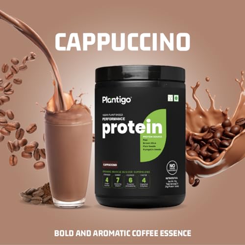 Image of Plantigo Plant Protein Pea Powder 500g - Cappuccino Coffee Flavoured | Pea + Brown Rice, Flax Seed, Pumpkin - Clean & Green Based Protein Powder | 24g Protein, 5g Fiber, BCAA for Men & Women