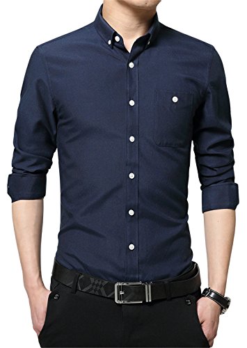XTAPAN Men's Long Sleeve Casual Slim Fit Cotton Button Down Dress Shirt Asian 4XL Dark Blue-6251
