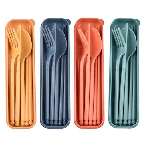 Camping Utensil Set, Reusable Utensils Set with Case, Plastic Cutlery Set Forks Spoon Tableware Chopsticks, Portable Cutlery Set for Travel Picnic Camping or Daily Use (Dark Color-4)
