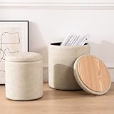 oakvivo Faux Leather Round Ottoman with Storage 12.6' W x 14.17' H & 14.76' W x 17.32' H Set of 2, Small Boucle Coffee Table Footstool with Removable Lid for Living Room, Bedroom, Beige
