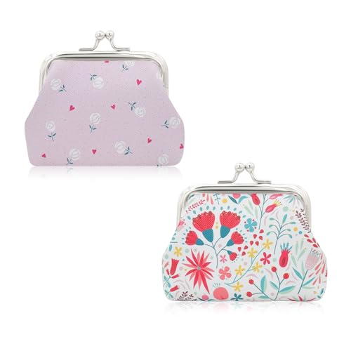 Image of FuninCrea 2 Pcs Faux Leather Coin Purse for Women with Kiss Lock, Floral Pattern Change and Coin Wallet Double Clasp Closure Mini Wallet for Cash Key(Pink+White)
