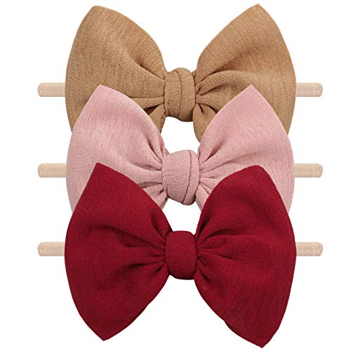 Image of YanJie Girls Fall Outfits Baby Girls Nylon Headbands Newborn Bows Handmade Hair Bows Hairbands Hair Accessories for Newborn Infant Toddlers Kids(Red Pink Brown)