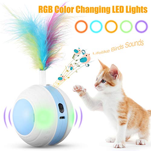 Interactive Cat Toys Ball with Colorful Light & Bird Sound - USB Charging Automatic Irregular 360 Degree Self Rotating Ball - 5 Replacement Feathers Robotic Cat Toy for Indoor Cats Kitten (Blue) - Thumbnail 4