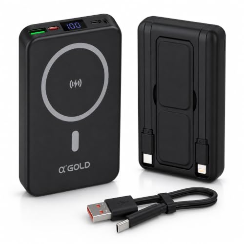 Power Bank 10000mAh com Cabos Integrados Tipo-C e Light, Carregador Portátil Turbo 22.5W, Carga Sem Fio Indução 15W, Display LED, USB-C, USB-A, Bate Externa Preta Compacto Viajem Trabalho Rotina PRETO