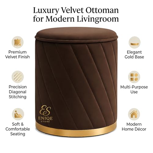 Image of Luxury Round Velvet Ottoman Stool with Gold Base - Modern Upholstered Footrest Pouffe, Tufted Vanity Seat, Living Room Bedroom Dressing Stool (Brown)