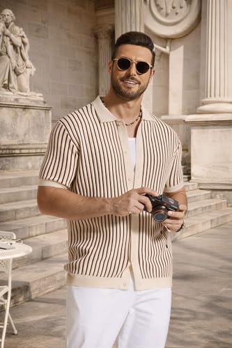 Image of COOFANDY Mens Knit Button Down Shirts Short Sleeve Polo Shirt Vintage Striped Casual Shirts