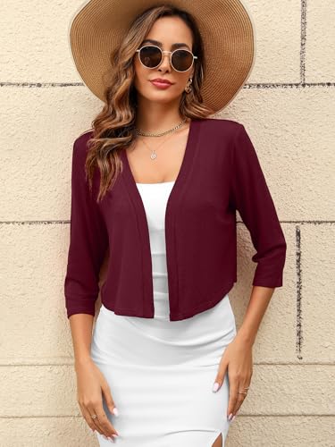 Image of Women's 3 /4 Sleeve Thin Shrugs for Dresses Burgundy Large Open Front Knit Lightweight Coat Cropped Tops Shawls and Wraps Cardigan Dressy Sweater Clothes