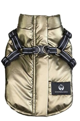 ICOUCHI ふわふわ ダウンベスト風ジャケット 犬洋服 パーカー コート ペット服 冬 ドッグウエア 小中型犬 保温 防寒 可愛い 冬服 ワンちゃん ハーネス付き お散歩お出かけ 背中開き (XS,ゴールド・新)