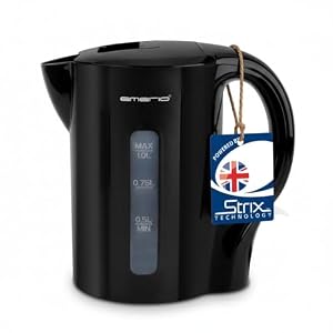 EMERIO Wasserkocher 1.0 Liter | 1200 Watt | Wasserstandsanzeige | Trockengehsschutz | Auto-Off | STRIX | beleuchteter Ein-/Aus-Schalter | ideal für Zuhause, Camping oder Büro | WK-133947 | Schwarz