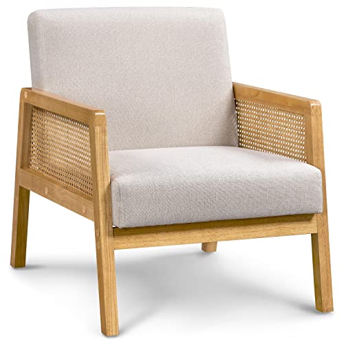 Yaheetech Fauteuil de Salon en Bois Design Rotin Massif et en Tissu Chaise en Rotin avec Coussins Rembourrés Fauteuil d'appoint Chaise Cannage pour Salon Chambre...