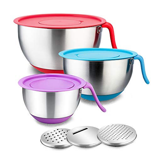 Stainless Steel Mixing Bowls with Lids, E-far Metal Mixing Bowl Set with 3 Graters, Long Handle, Pour Spout, Non-Slip Bottom & Stackable, Great for Cooking, Baking, Prepping, Set of 3 - 5 3 1.5 QT