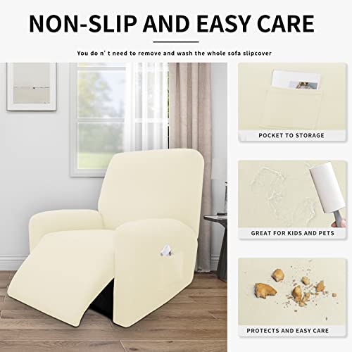 Image of Easy-Going 4 Pieces Waterproof Recliner Chair Slipcover Washable | Stretch Soft Couch Cover for Dogs, Sofa Slipcover for Recliner Couch Furniture Protector for Kids, Pets Ivory