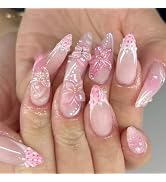 QEYRIYI Summer 3D Pink Flowers Press on Nails Medium Almond Fake Nail with Pearls 3D Butterfly Ch...