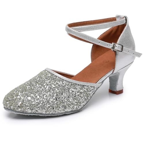 Rosefinch Latein Tanzschuhe für Damen Salsa Bachata Ballsaal Professionelle Performance Tanzschuhe Silber 5cm Absatz 35EU