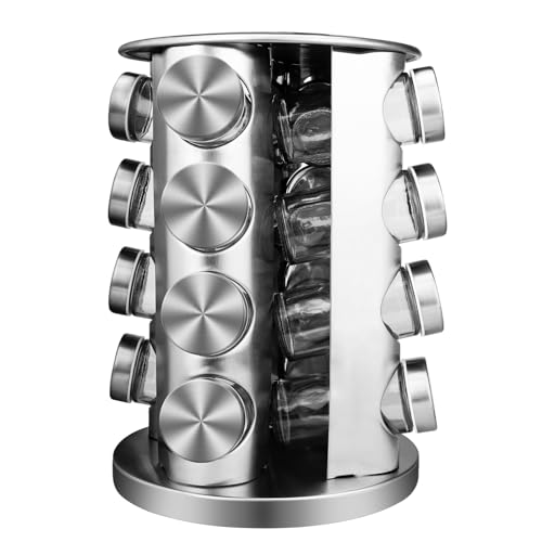 Atliberswo Especiero Giratorio, Especieros Para Cocina, Con 16 Botes Especias, Especiero Acero Inoxidable, Rotación de 360° Especieros Para organizar la cocina y guardar especias (27,5 x 16 cm)