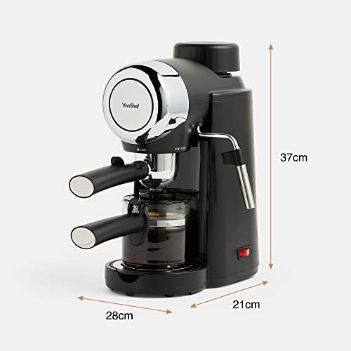 VonShef 4 Bar Espresso Machine - Black Coffee Maker with 4 Cup Capacity, Removable Easy Clean Drip Tray, Stainless Steel Filter, Control Dial & Milk Frothing for Espressos, Cappuccinos & Lattes - 800W