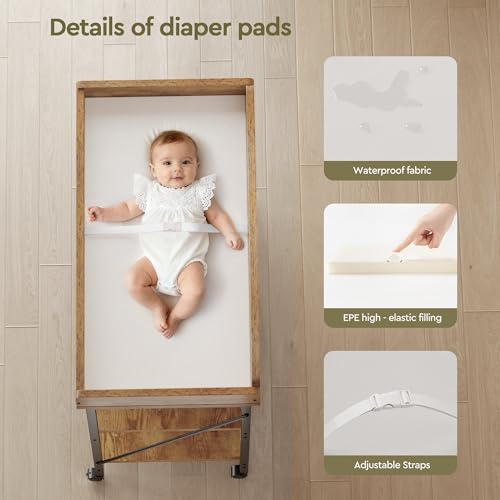 Yetom Baby Changing Table, Diaper Changing Station with Pad and Wheels, Two-Tier Open Storage Shelves, Waterproof Diaper pad & Safety Strap,Compact Baby Furniture for Nursery, Rustic Brown