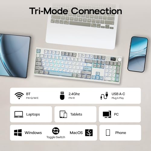 Image of EPOMAKER QK108 Full Size Mechanical Keyboard with Screen & Knob, 8000mAh, QMK /VIA, Creamy&Thocky, Gasket, RGB Backlit, Mac Keycap, Wireless Gaming Keyboard (White Cyan, Wisteria Linear Switch)
